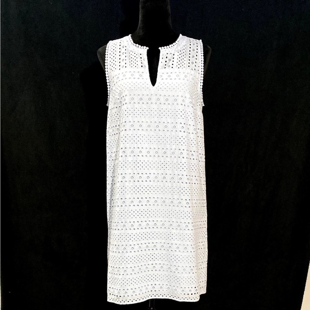 Ann Taylor LOFT 8 Shift Dress Pale Blue Embroider Eyelet Dots Crochet Detail
